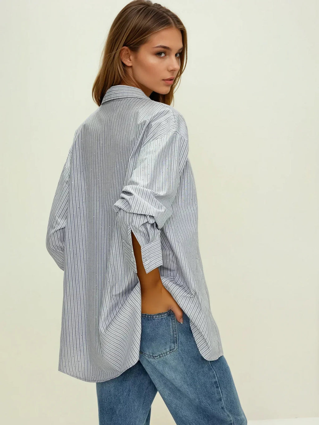 Rhinestone Dot Pinstripe Long Sleeves Pocket Shirt