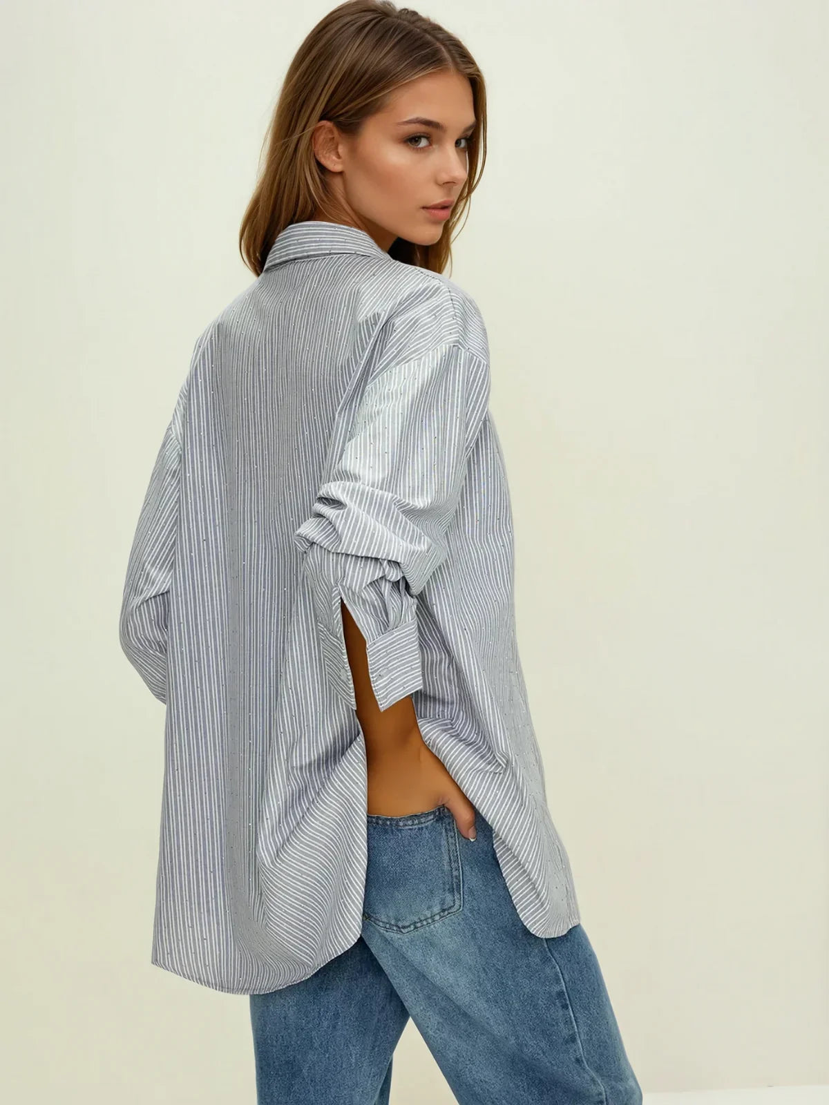 Rhinestone Dot Pinstripe Long Sleeves Pocket Shirt