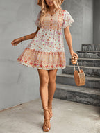 Button V-Neck Flower Short Dress