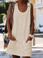 Crew Neck Women Dress Shift Daily Boho Pockets Striped Dress