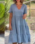 Igone Chic Cotton Linen Dress with V Neck Premium Wardrobe Essential