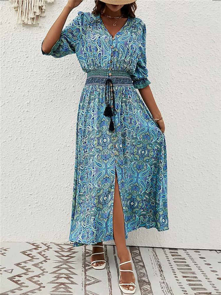 Fresh Print Maxi Dress-Blue