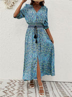 Fresh Print Maxi Dress-Blue