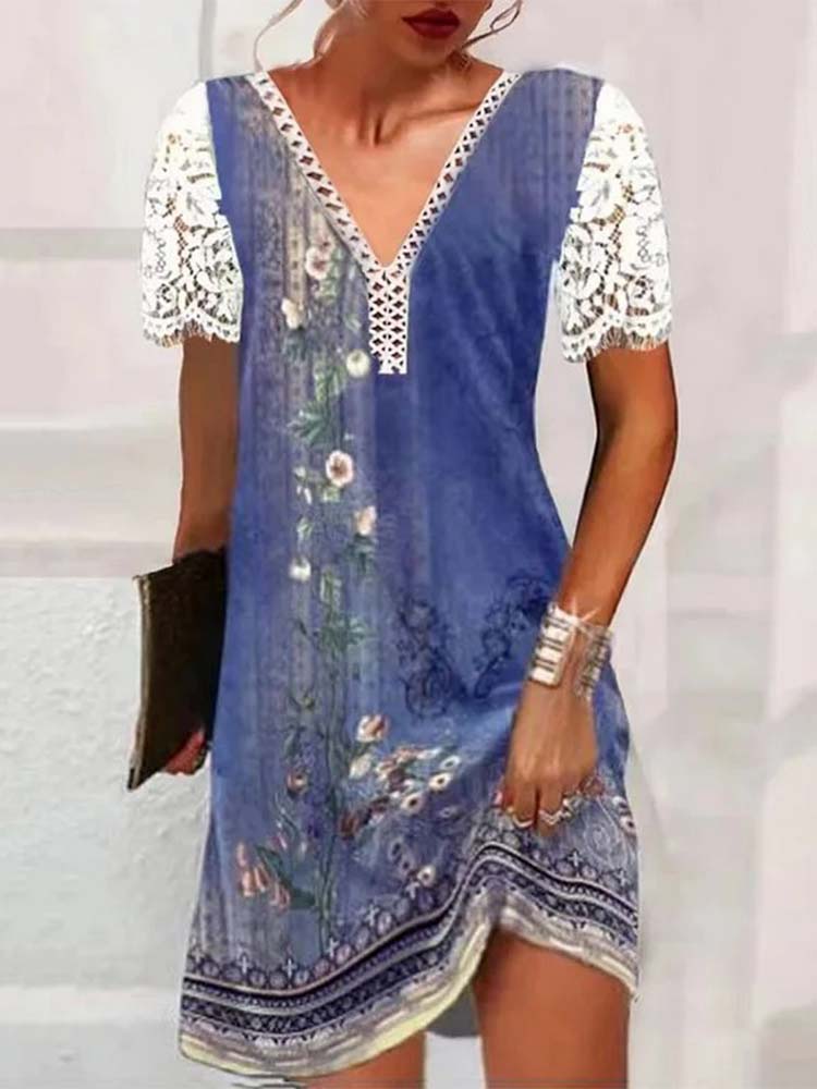 Floral Lace Patchwork V-Neck Short Sleeve Mini Dress