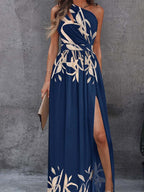 Blue Floral Print High Slit Cutout Maxi Dress