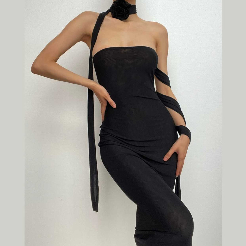 Flower applique solid lace up ribbon tube midi dress