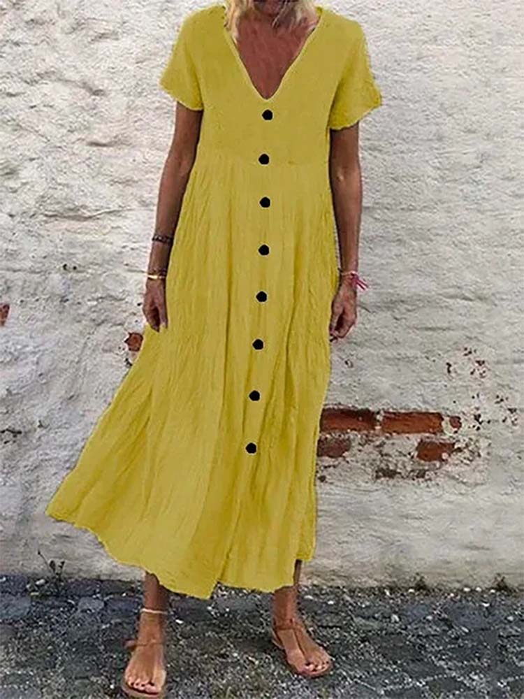 Cotton Plain V Neck Casual Boho Dress