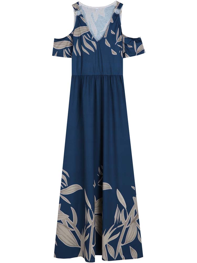 Cobalt Blue Cold Shoulder Pleated V-Neck Summer Maxi Dress