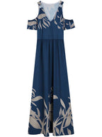 Cobalt Blue Cold Shoulder Pleated V-Neck Summer Maxi Dress