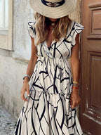 Geometric Print Ruffle Maxi Dress