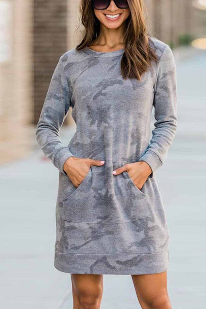 Florcoo Casual Loose Round Neck Camouflage Mini Dress