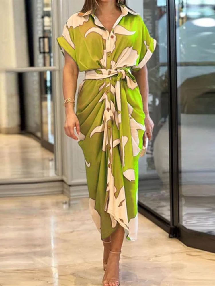 Casual Lapel Neck Waist Print Shirt Dress