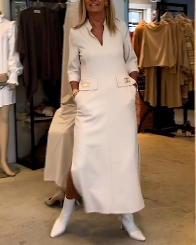 Magaly Timeless Solid Color Slit Dress with 3/4 Sleeves Premium Wardrobe Essential