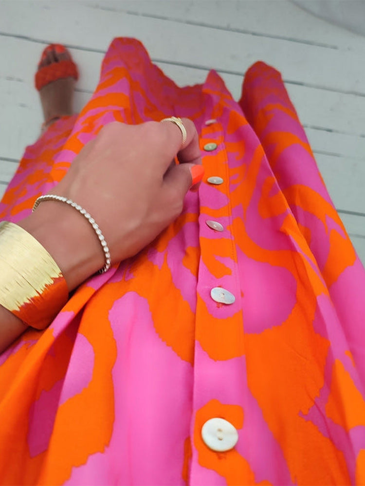 Hot Pink and Orange Print Shirred Button Front Midi Dress
