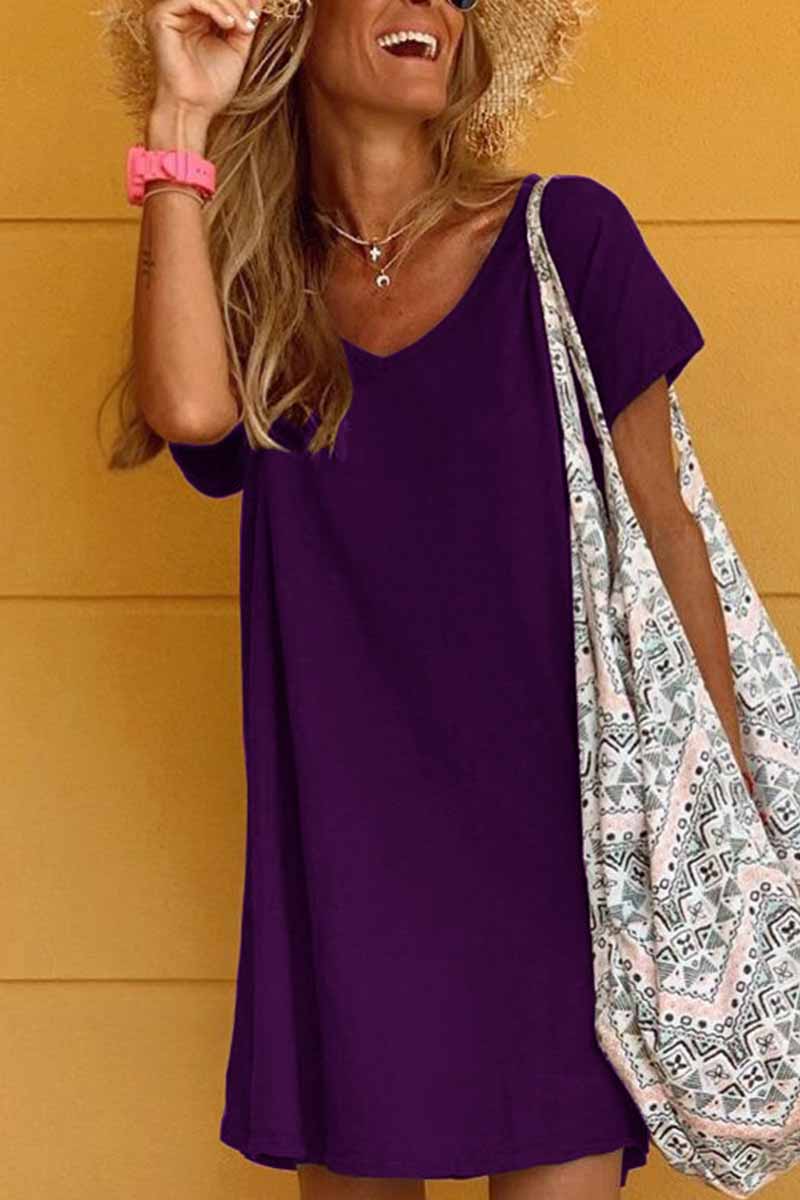 Florcoo Loose Solid Color Short Sleeve V-Neck Mini Dress