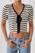 Best Essence Striped Tie-Front Knit Top