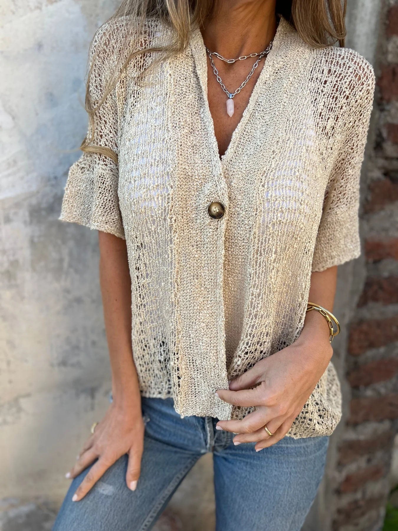 One Button Hollow Knit Tops