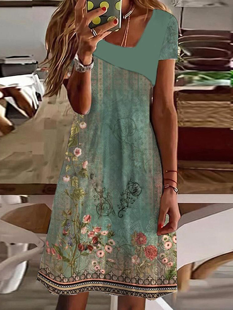 Fresh White Colorful Flower Print V-Neck Mini Dress