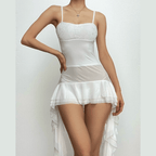 Lace patchwork square neck ruffle solid cami mini dress