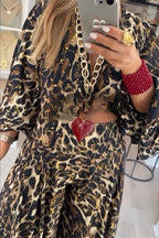 Gold Foil Leopard Print Balloon Sleeve Twist Top and High Rise Elastic Waist Oversized Flare Pants Set