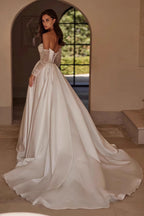 Strapless Beaded High Slit Satin Train Wedding Dress