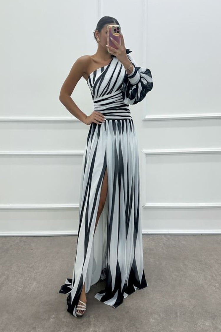 Roma Minimalist One Shoulder Dress with Rose Detail and Patterned Design Statement Occasion Edit