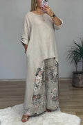 Linen Blend Crew Neck Long Sleeve Irregular Loose Top and Elastic Waist Floral Print Casual Pocket Set