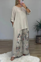 Linen Blend Crew Neck Long Sleeve Irregular Loose Top and Elastic Waist Floral Print Casual Pocket Set