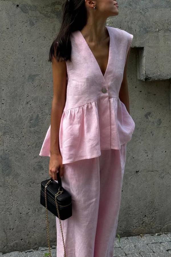 V-Neck Sleeveless Ruffled Peplum Top + Wide-Leg Pants Linen Set