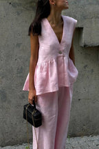 V-Neck Sleeveless Ruffled Peplum Top + Wide-Leg Pants Linen Set