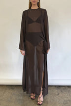 Fashionable Mesh See-through Round Neck Long Sleeve Tie Bow Slit Maxi Dress