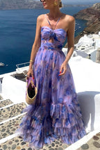 Dreamy Clouds Tulle Printed Rose Detail Cutout Ruffles Tiered Halter Maxi Dress