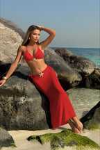 Solid Mesh Maxi Skirt Three Piece Swim Set