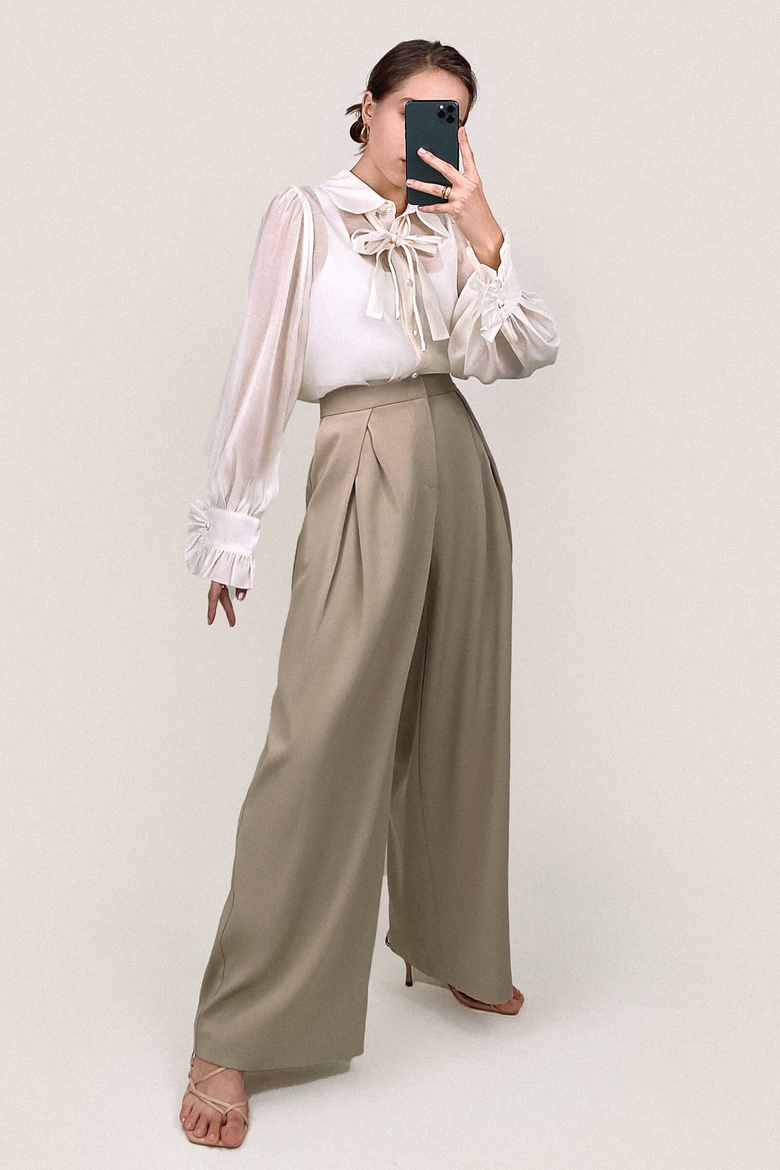 Floral White Sheer Button-Up Tie Neck Blouse