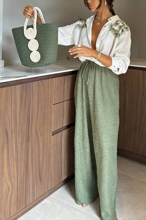 Tropical Calling Linen Blend Unique Print Loose Blouse and Elastic Waist Pocket Pants Set