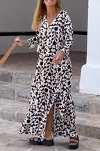 Ibiza Fashion Print Loose V Neck Long Sleeve Long Dress