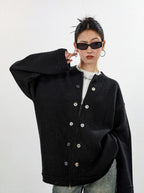Ribbed Trim Oversized Button Zip Knit Cardigan