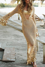 Stylish V-neck Flared Long-sleeved Knit Sequined Maxi Dress