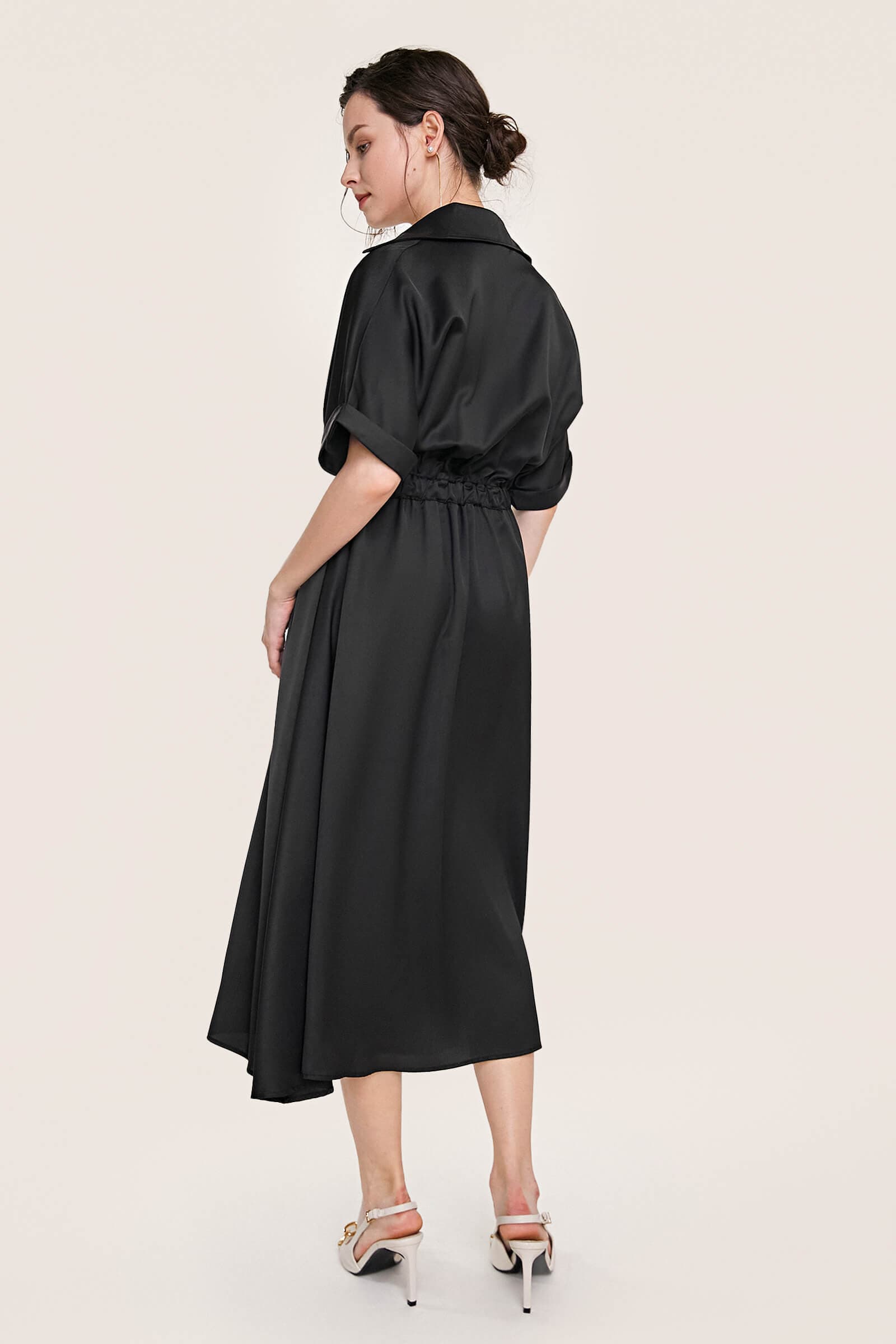 Black Short Sleeve Pleat Detail Shirt Dress