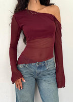 Asymmetrical Gauzy Off-Shoulder Long Sleeve Top