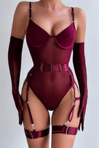 Fashionable See-through Mesh Suspender Bodysuit and Glove Straps Three-piece Set