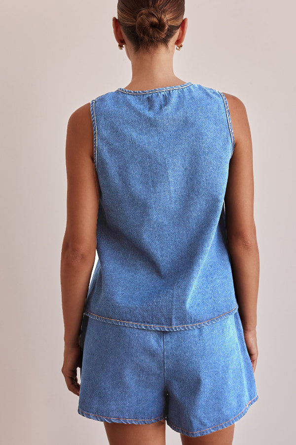Stylish Sleeveless Round Neck Tie-up Casual Denim Vest