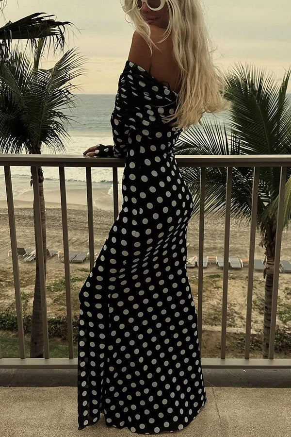 Hazel Statement Chic Off the Shoulder Ruched Stretch Maxi Dress with Polka Dot Print Boutique Collection