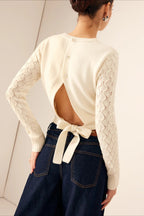 Open-Back Tie Detail Round Neck Elegant Knit Long Sleeve Tee