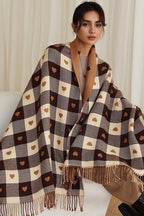 Faux Cashmere Double-Sided Heart Plaid Fringed Scarf