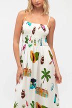Summer Printed Square Neck Spaghetti Strap Pleated Waist Casual Maxi Dress