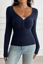 Button Detail Lace Trim V-Neck Long Sleeve Tee