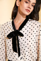 Beige Polka Dot Tie-Neck Blouse