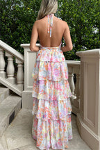 Harmony Floral Print Tiered  Ruffle Cross Halter Backless Vacation Maxi Dresses