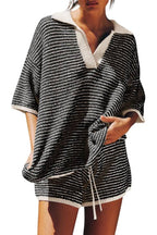 Striped Polo Neck Knit Set